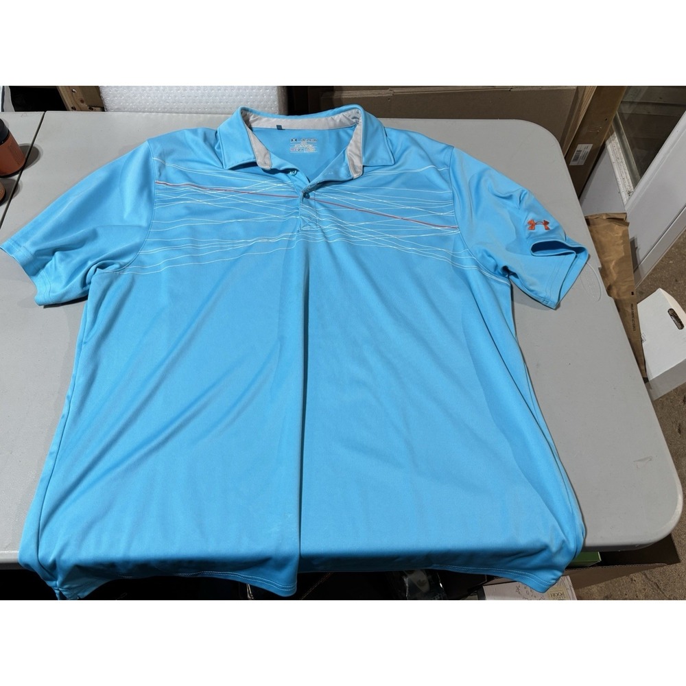 Under Armour Heatgear Polo Shirt Mens 2XL Blue Striped Loose Performance